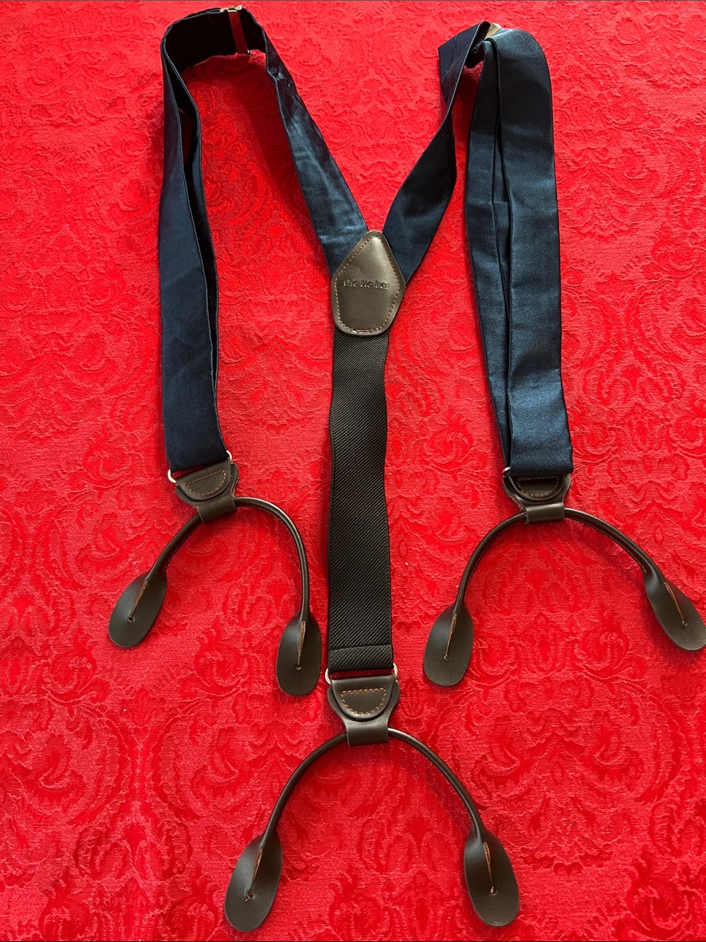 The Tie Bar Men’s Navy 100% Silk Suspenders Leather Button Braces